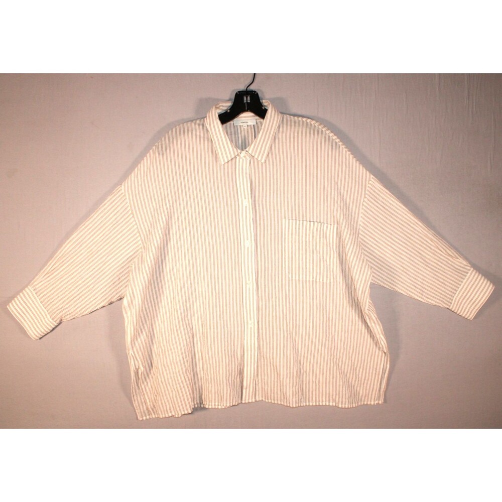 Vince Women's XL Beige Brown Striped Cotton Blend Oversized Button Up Shirt